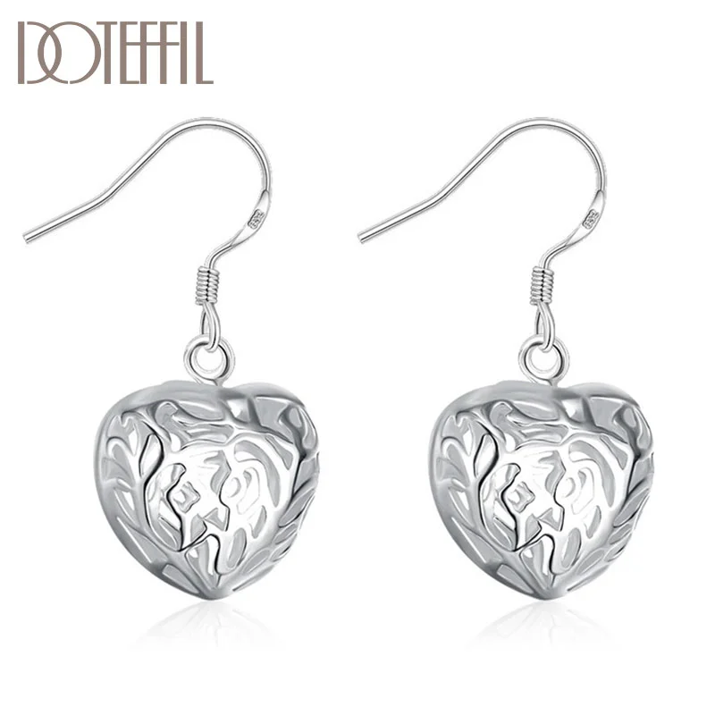 DOTEFFIL 925 Sterling Silver Heart-Shaped Geometric Hollow Earrings Charm Women Jewelry 