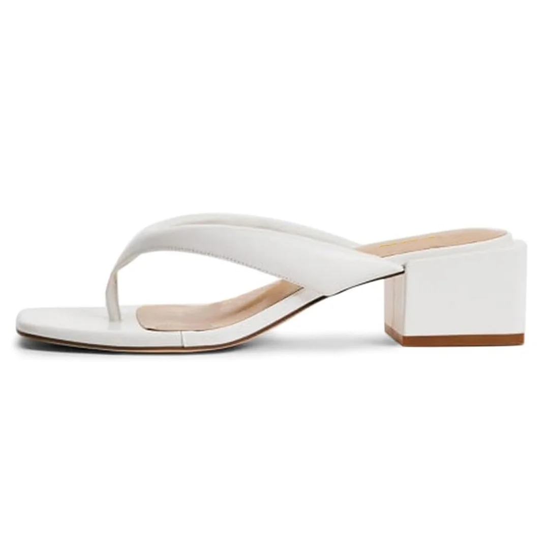 YDN Open Square Toe Flip Flop Block Heel Slide Sandals in White