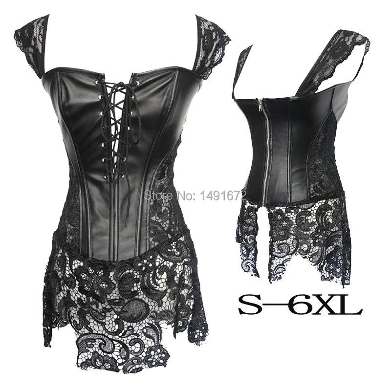 Billionm Sapubonva Leather Corset Lace Dress Corselet Bustier Gothic Sexy Plus Size Costume Burlesque Lingerie Women Brown Black Sexy