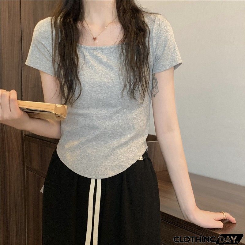 Women Casual Solid Color U Collar Short Sleeve T-Shirt