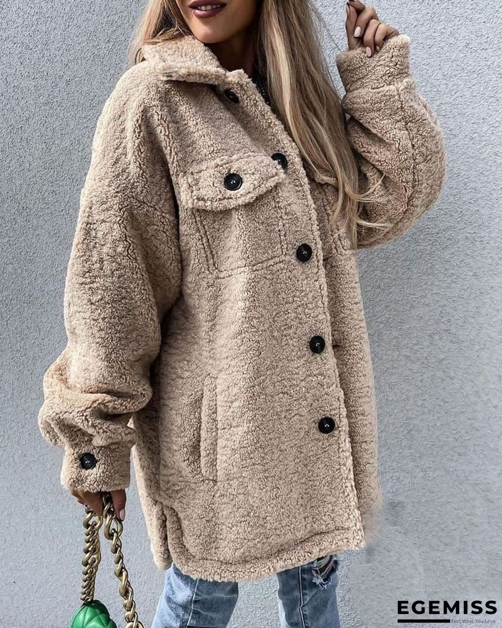 Long Sleeve Flap Pocket Button Down Teddy Coat | EGEMISS