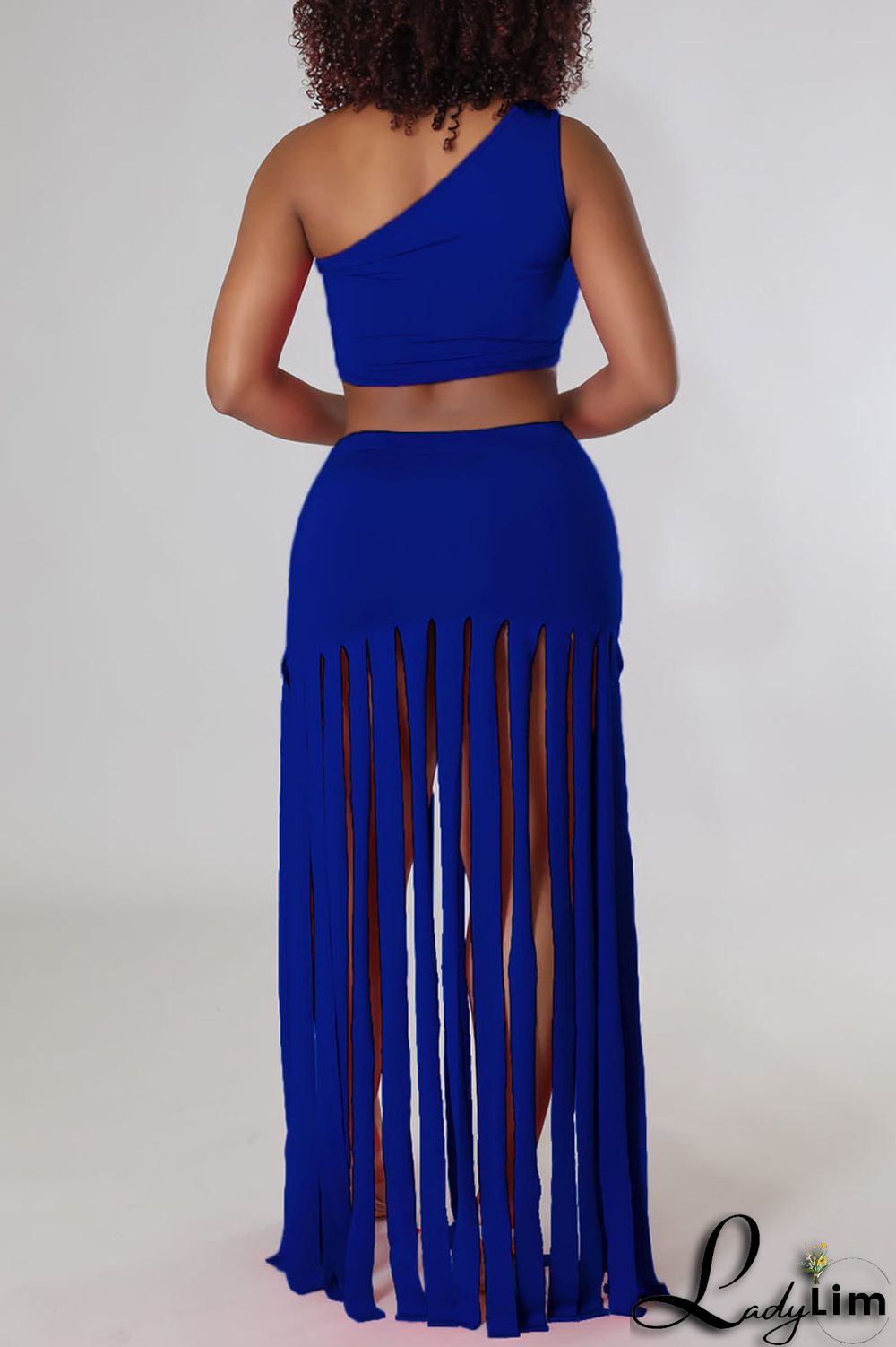 Black Sexy Solid Tassel Patchwork Oblique Collar Two Pieces