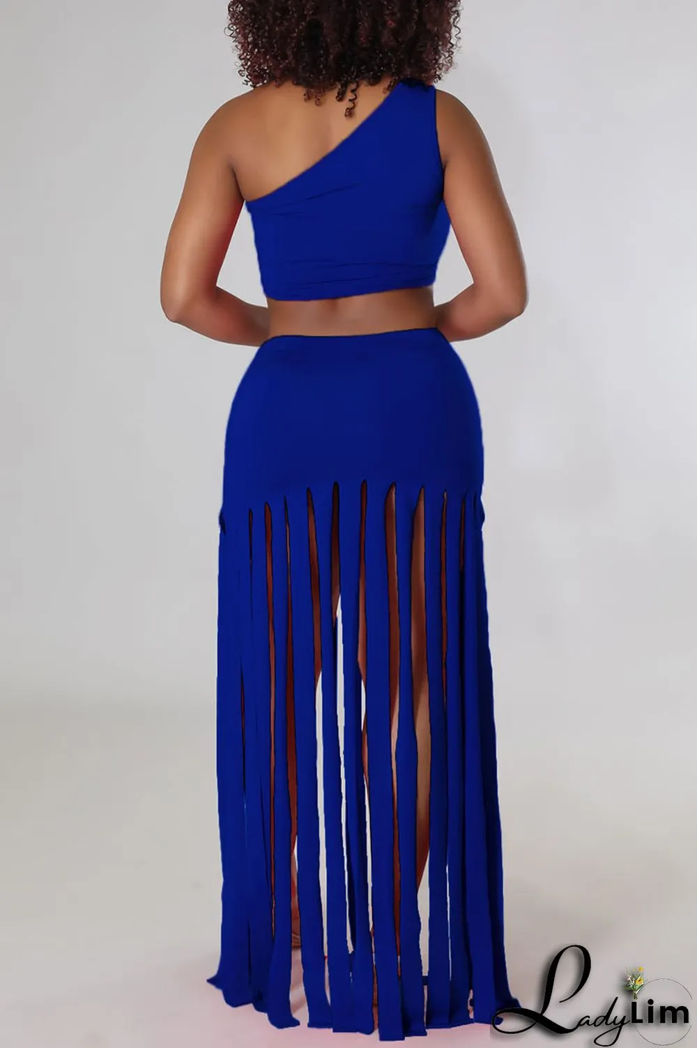 Black Sexy Solid Tassel Patchwork Oblique Collar Two Pieces