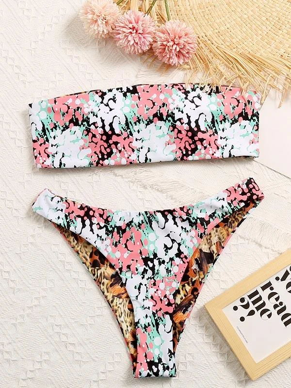 Floral-Print Bandeau Double-Sided Split Bikini Swimsuit