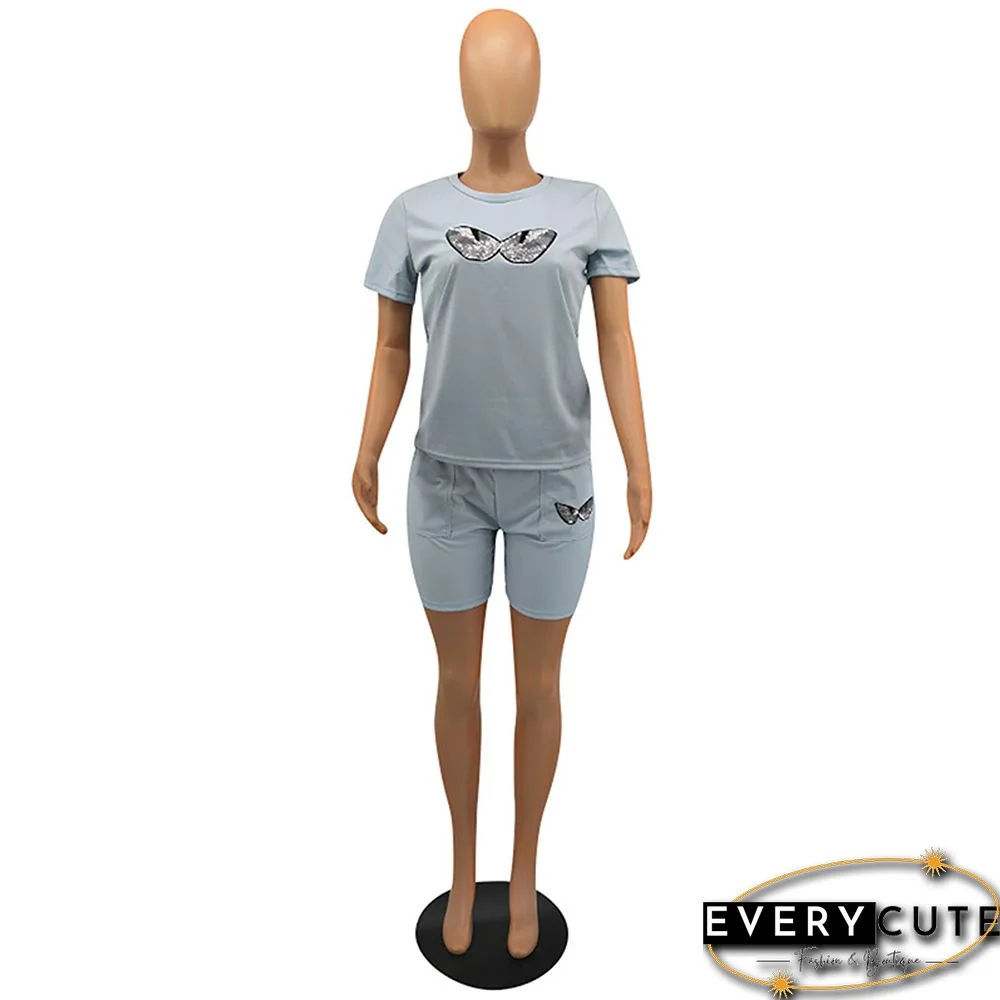 Light Blue Sequined Eyes Printed 2pcs Set