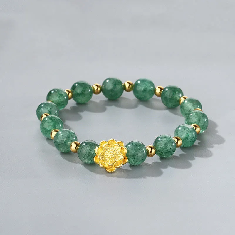 Lotus 925 Sterling Silver Green Strawberry Quartz Soothing Bracelet