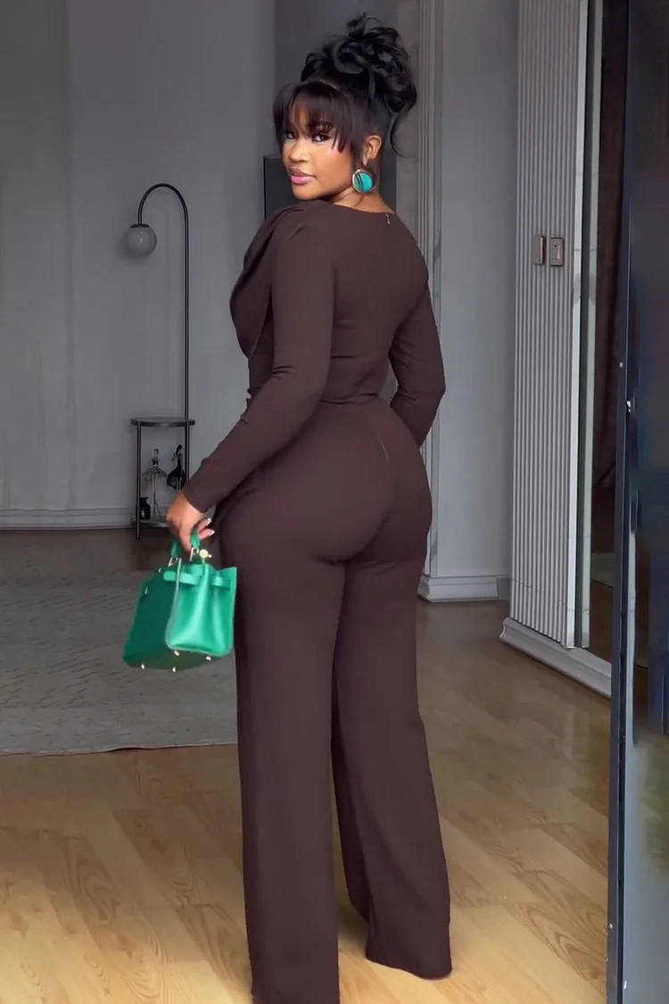 Deconstructed Cowl Neck Long Sleeve Wide Leg Jumpsuit-Brown