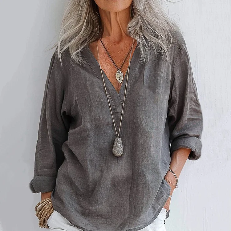 Utbros Vintage Solid Linen Art Print Long Sleeve Shirt