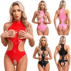 pornhint Pornhint Womens Bodysuit Hollow Out Catsuit One Piece Leotard Cupless Clubwear Shiny