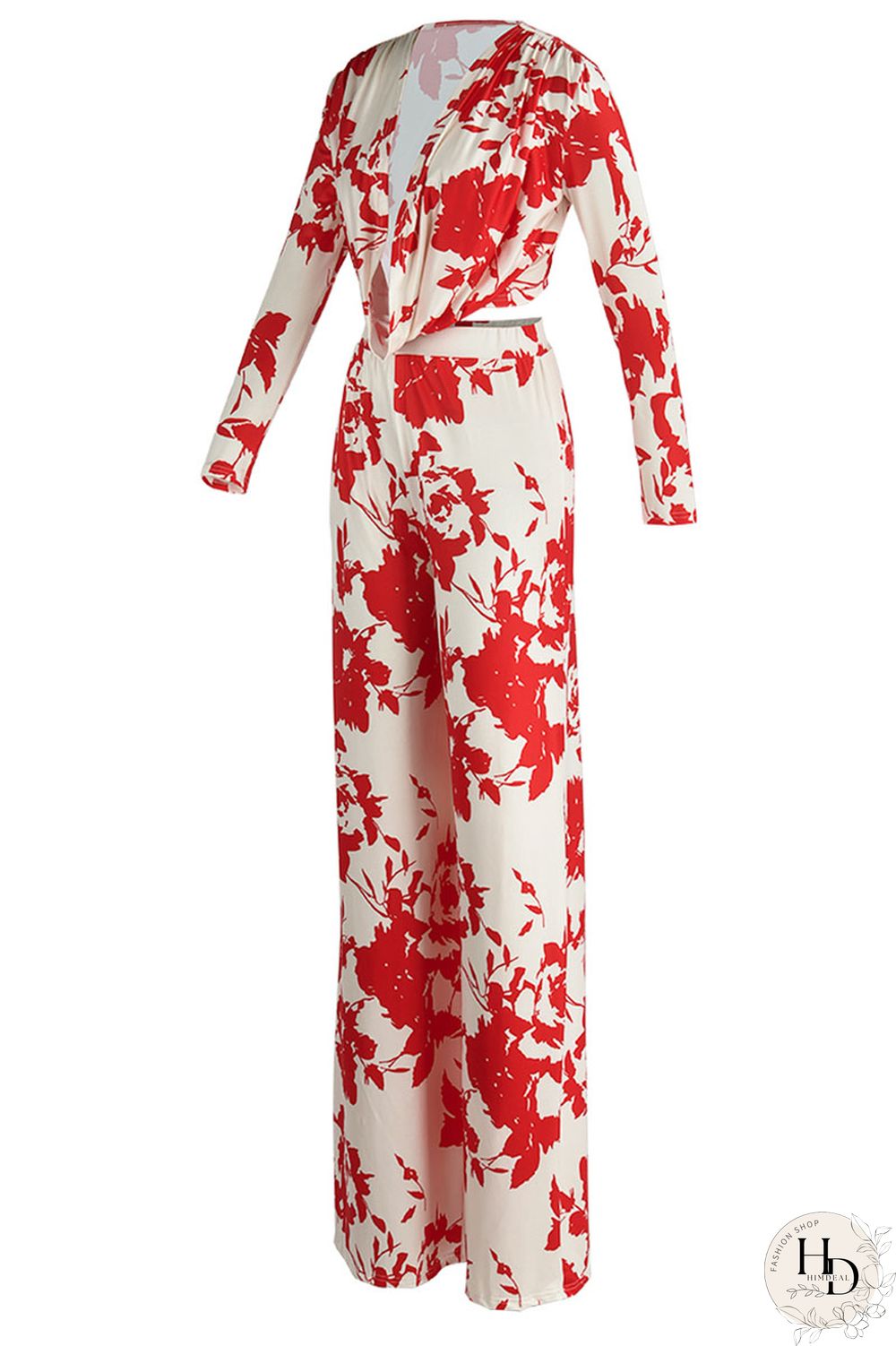 Red Casual Print Patchwork Oblique Collar Long Sleeve Two Pieces