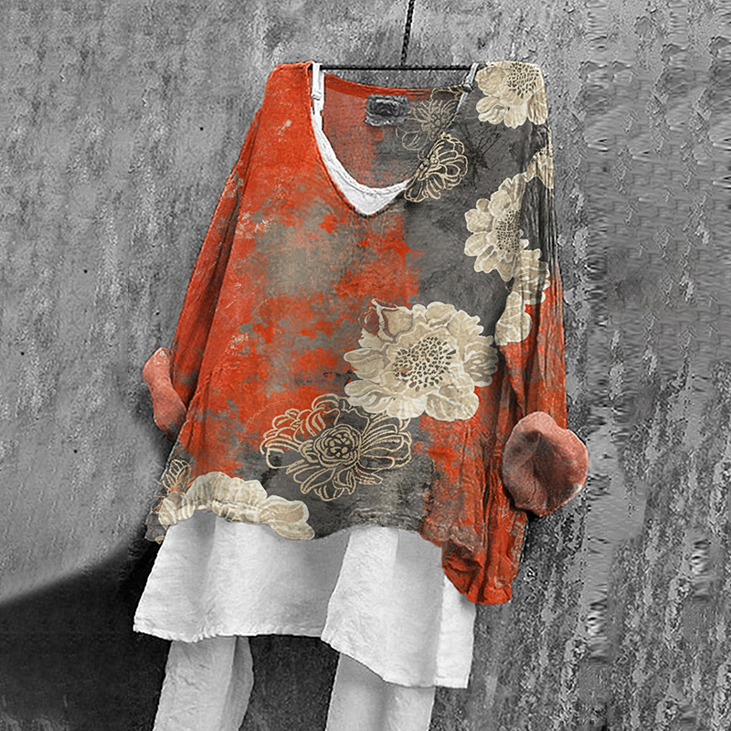 Japanese Art Flower Print V-Neck Casual Blouse wearshes