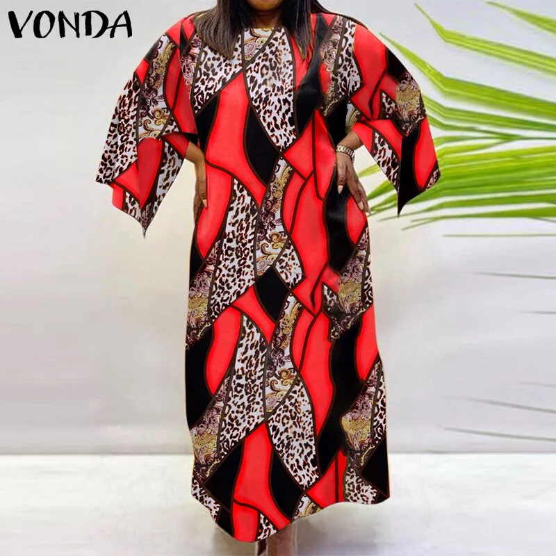 VONDA Women Bohemian Dress 2022 Casual Loose 3/4 Sleeve Holiday Dress Female Vintage Printed Party Vestidos Oversized Robe Femme