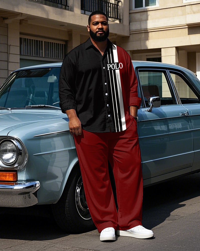 Big Guy's Modern Style POLO Letter with Vertical Splicing Stripe Printed Long Sleeve Shirt Pants Set