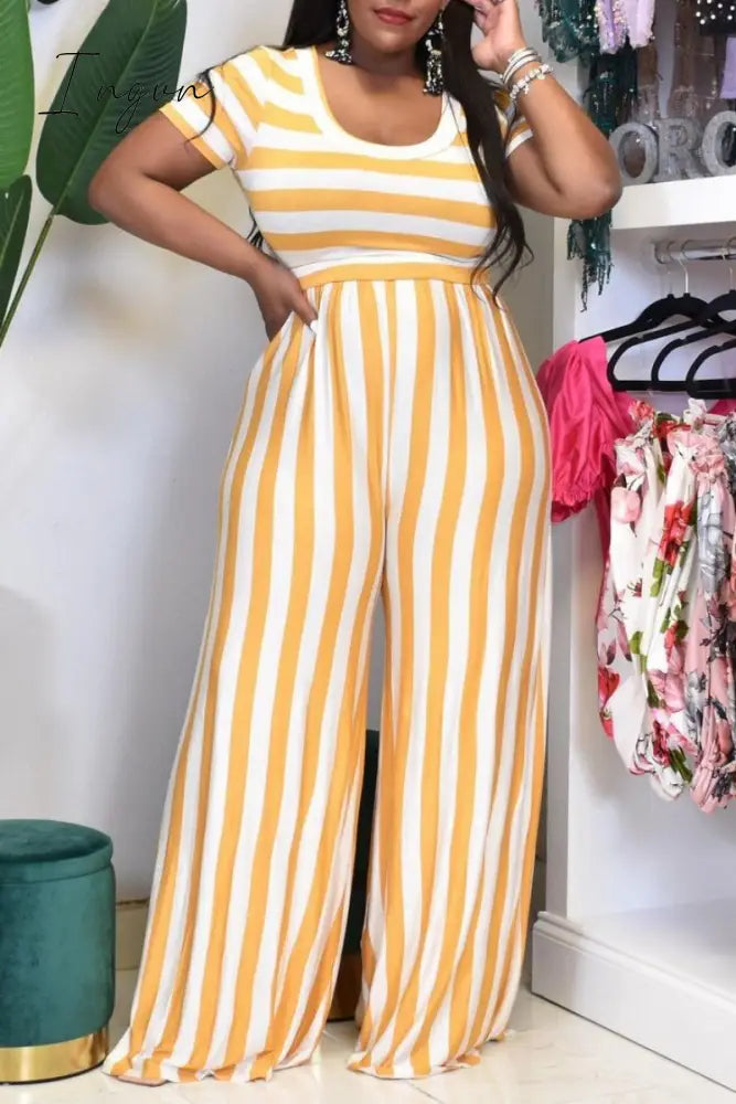 Ingvn - Yellow Casual Striped Print Patchwork O Neck Plus Size Two Pieces / L Plus Size