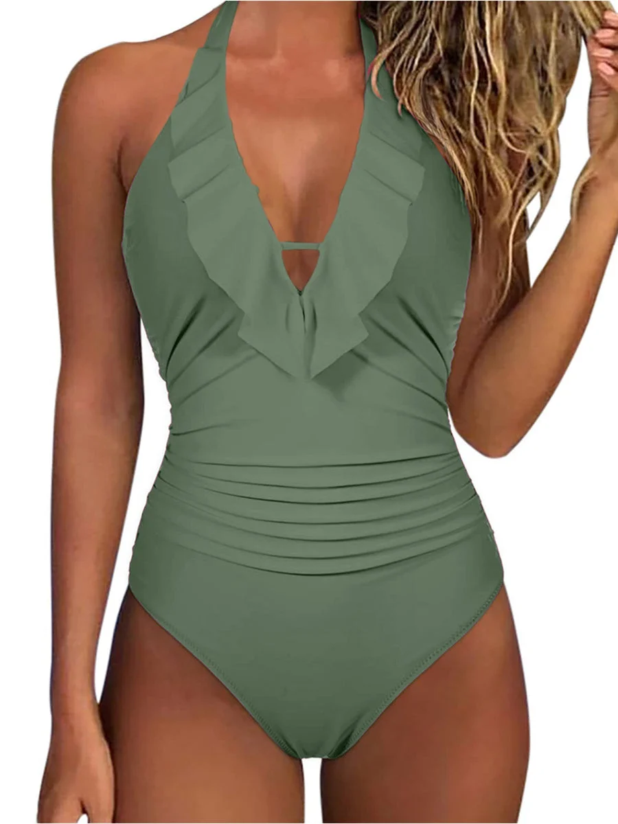 Solid Lace-up Ruffles Halter One Piece Swimwear