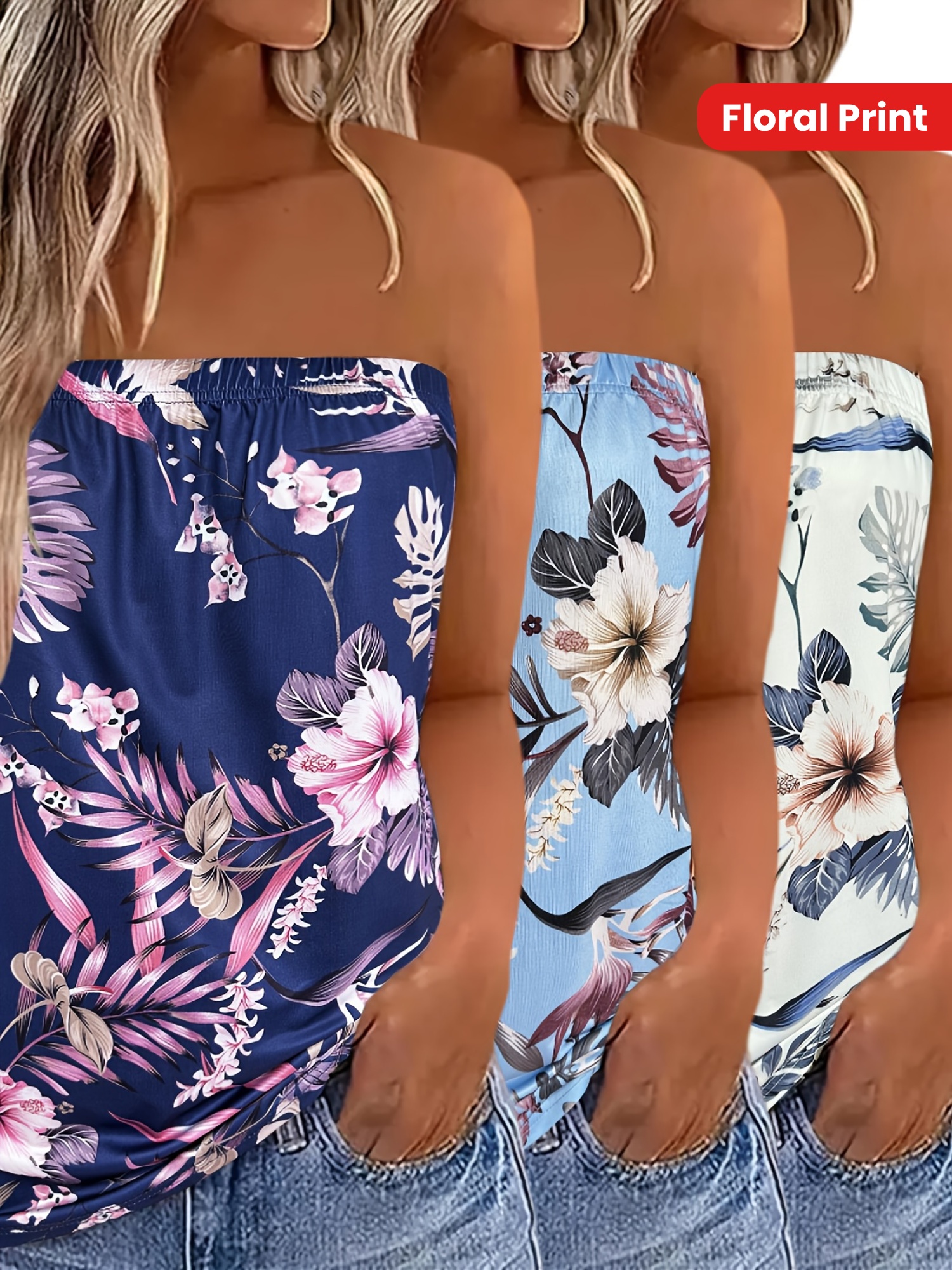 3pcs Women's Tropical Floral Print Strapless Tube Tops - Vibrant Vacation Style, Sleeveless Bandeau Tops For Spring/Summer, Ladies Tank To | IFYHOME