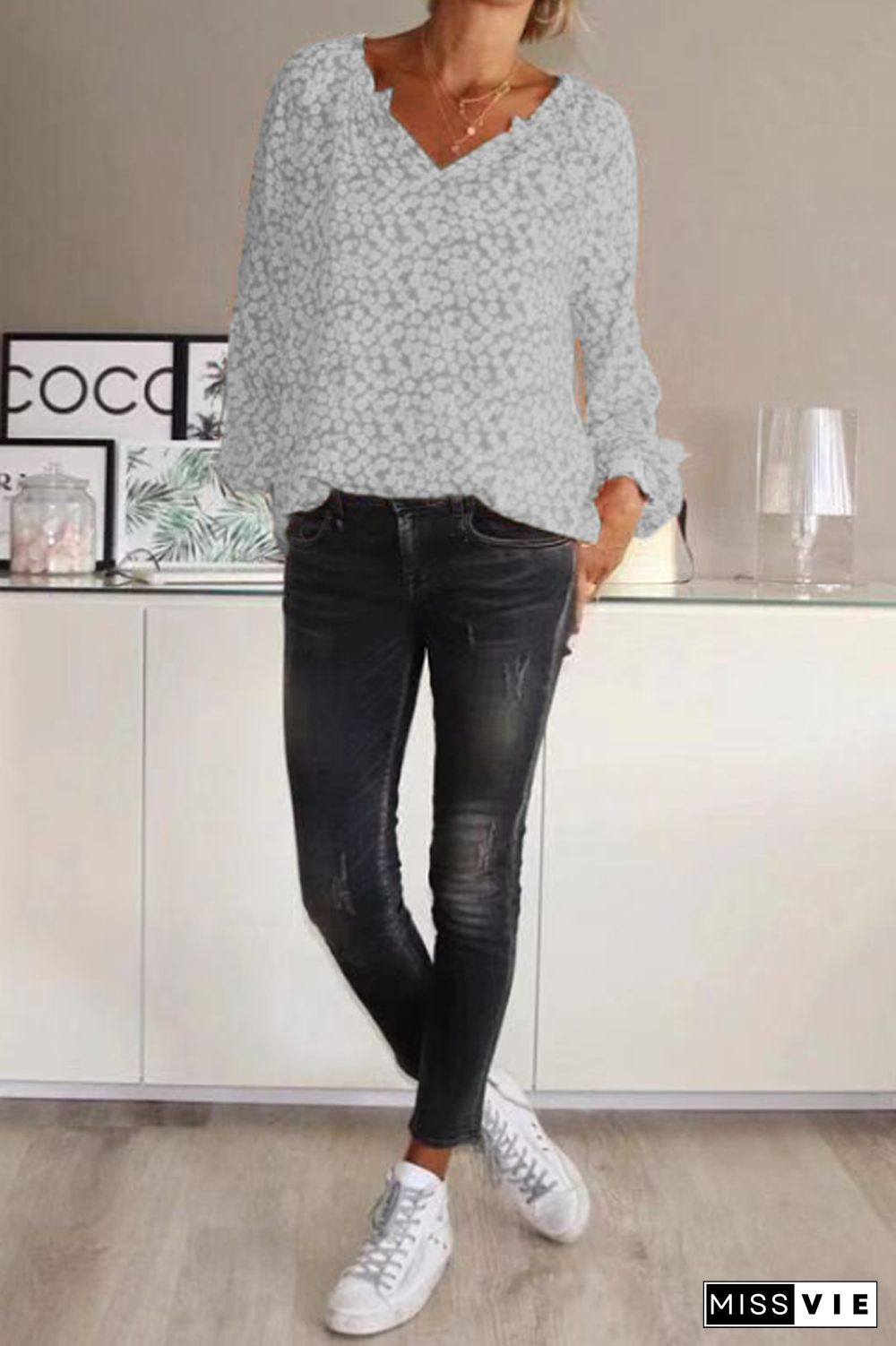 Bohemian V-Neck Floral Print Blouse