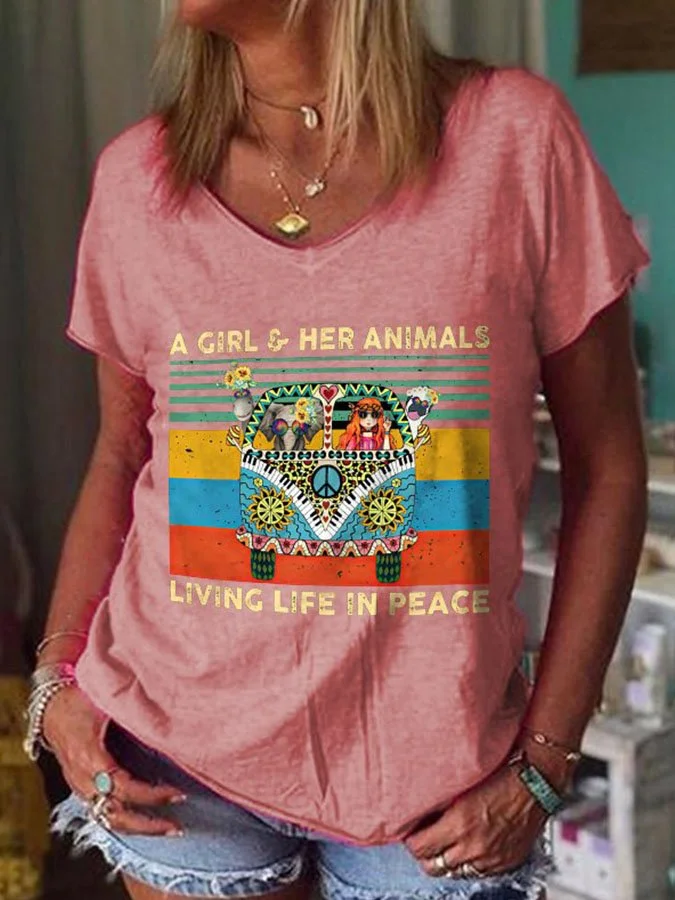 Vintage Print V-Neck Short Sleeve T-Shirt