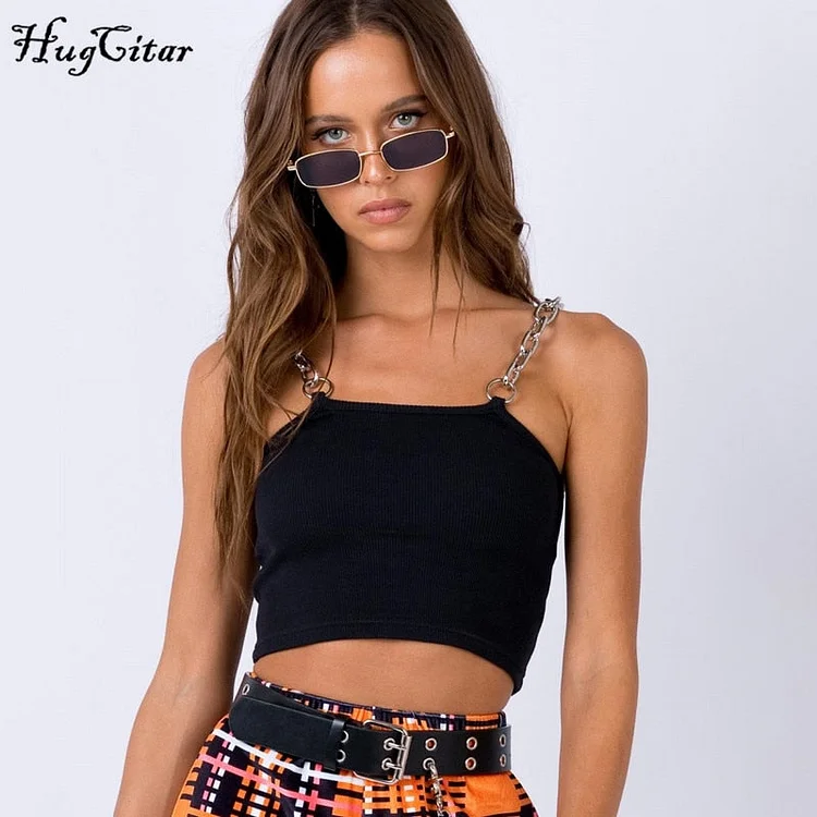 Hugcitar chains spaghetti straps neon green Canale patchwork sexy camis 2021 summer women club party streetwear female crop top