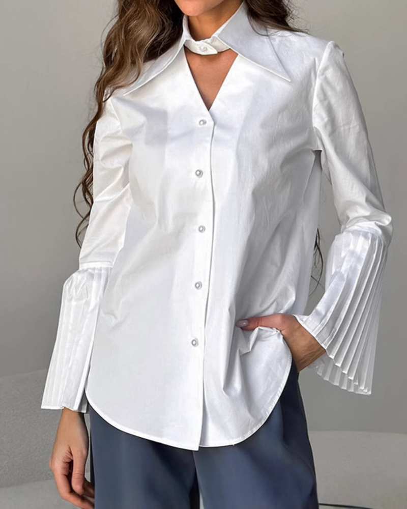 Pleated Bell Sleeve Lapel Hollow Out Cotton Shirt