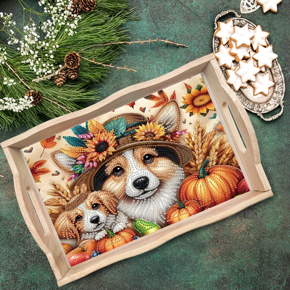 5D DIY Wooden Autumn Dog Diamond Painting Serving Tray for Home Decor