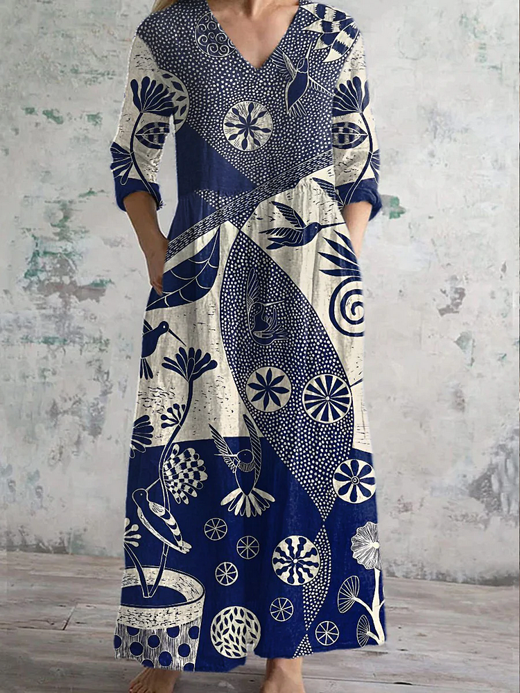 Womens V-Neck Artistic Two Color Artistic Floral Pattern Cotton And Linen Dress