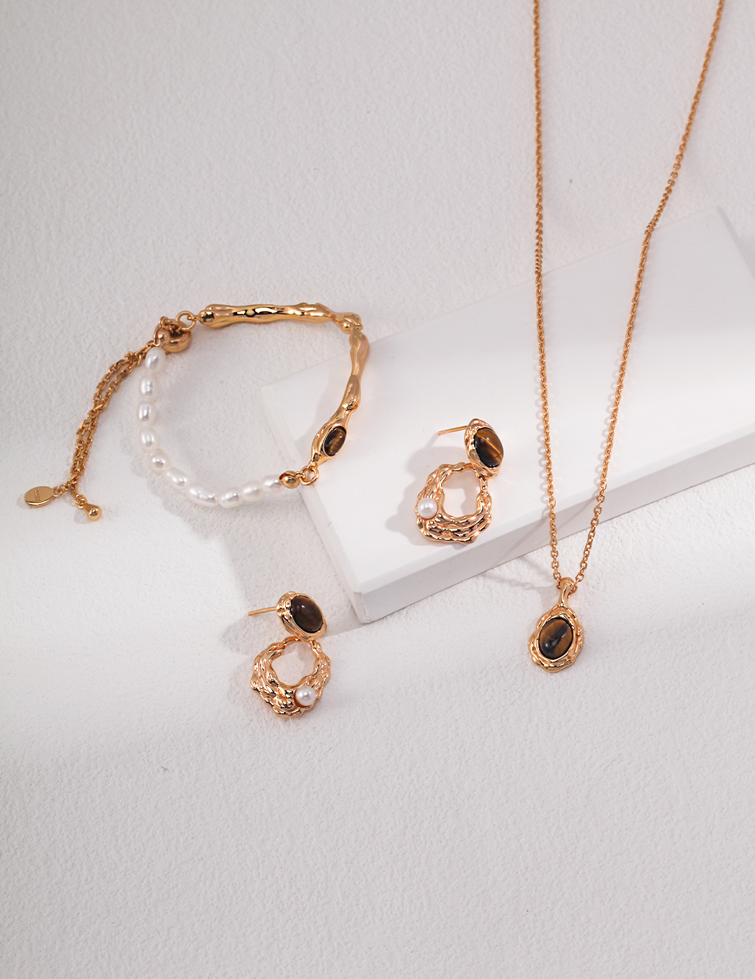Tiger Eye & Pearl 3-Piece Jewelry Set