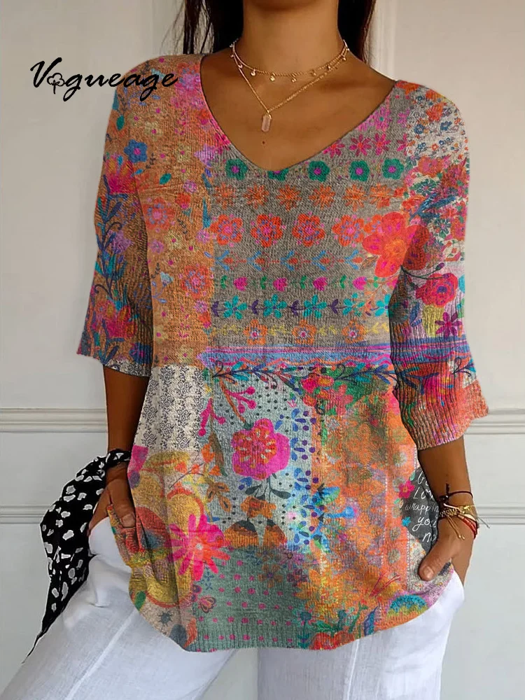 Retro Elegant And Versatile Flowers Printed Knitted Sweater