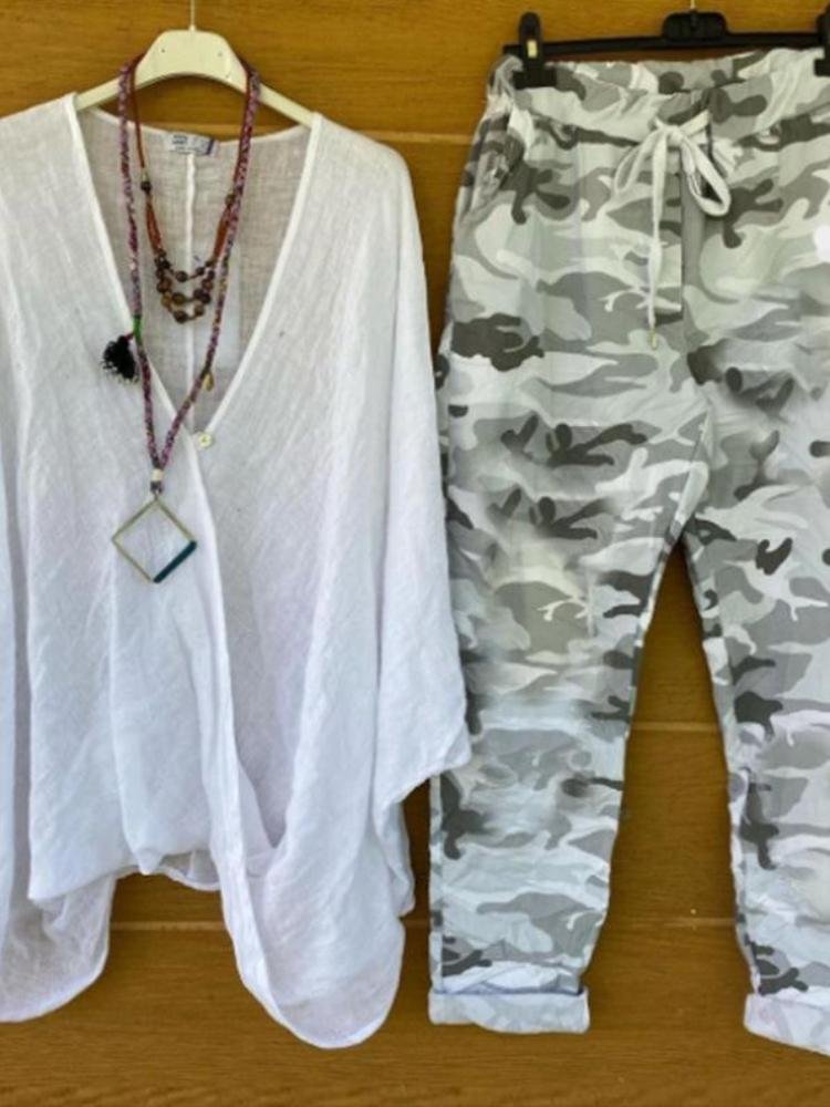   V Neck Top Camouflage Pants Two Pieces Set