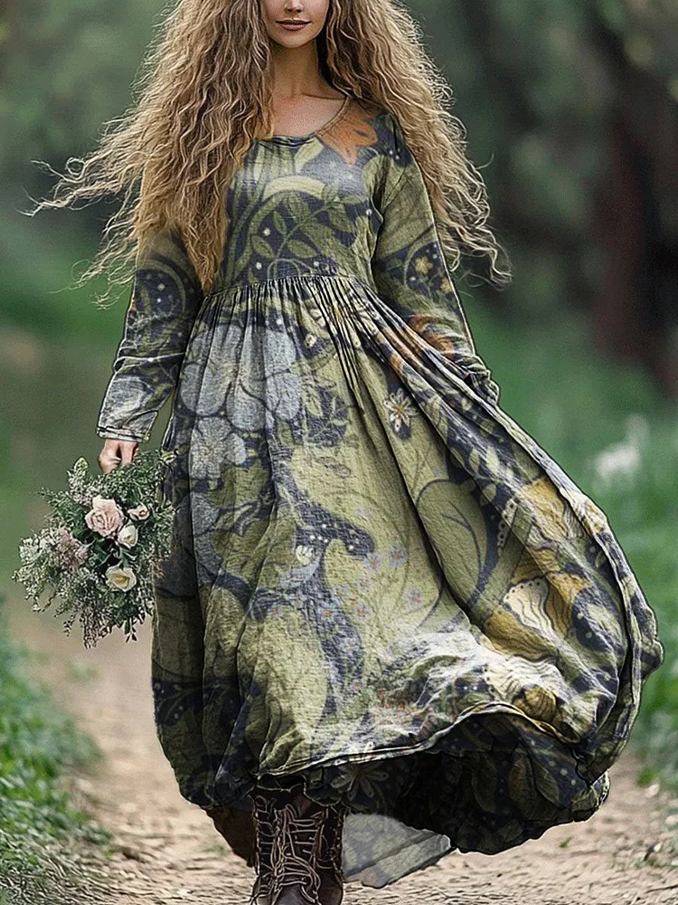 Women's Vintage Floral Art Print Pocket Cotton Dress