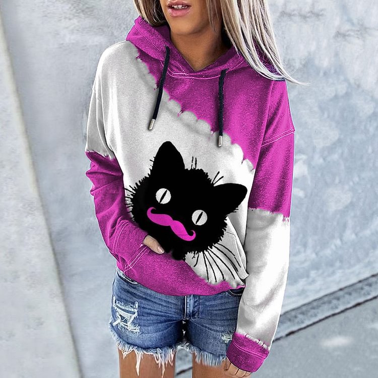 Vefave Casual Contrast Cat Print Hoodie