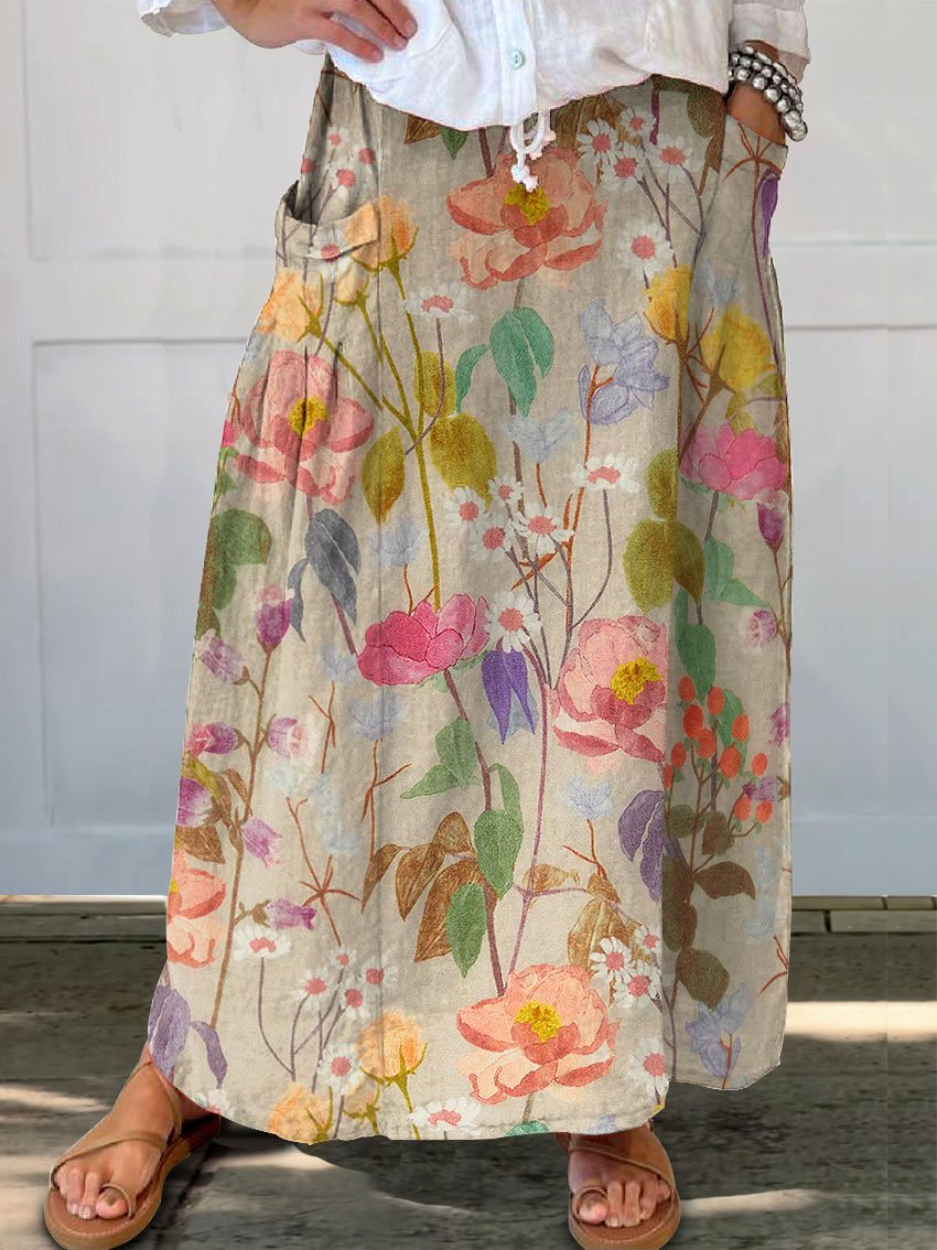 Women's Vintage Botanical Flower Print Linen Pocket Skirt