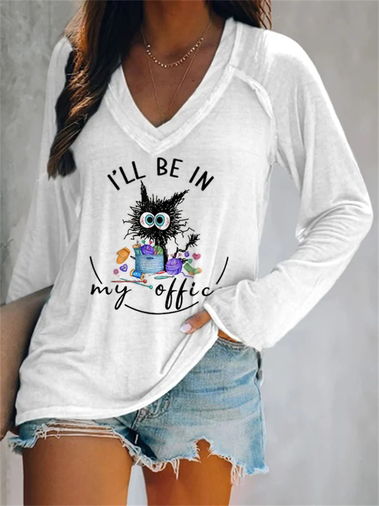 V-Neck I'll Be In My Office Crochet Knitting Long Sleeve T Shirt