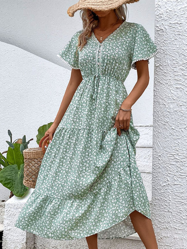 Mature Women Casual Summer New Fashion V-neck Waist Print Dress