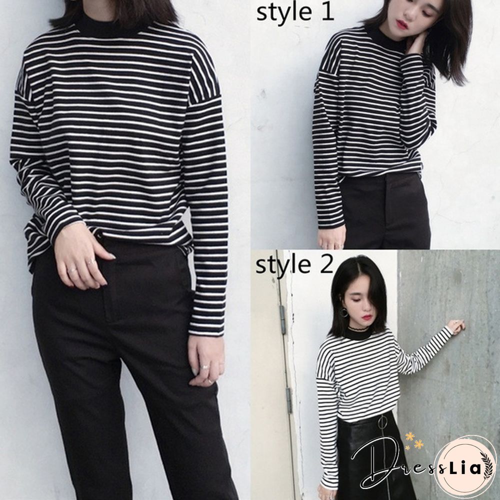 Women Turtleneck Korean Style Crop Top Long Sleeve Striped Tops Female Shirt Casual Harajuku Tops