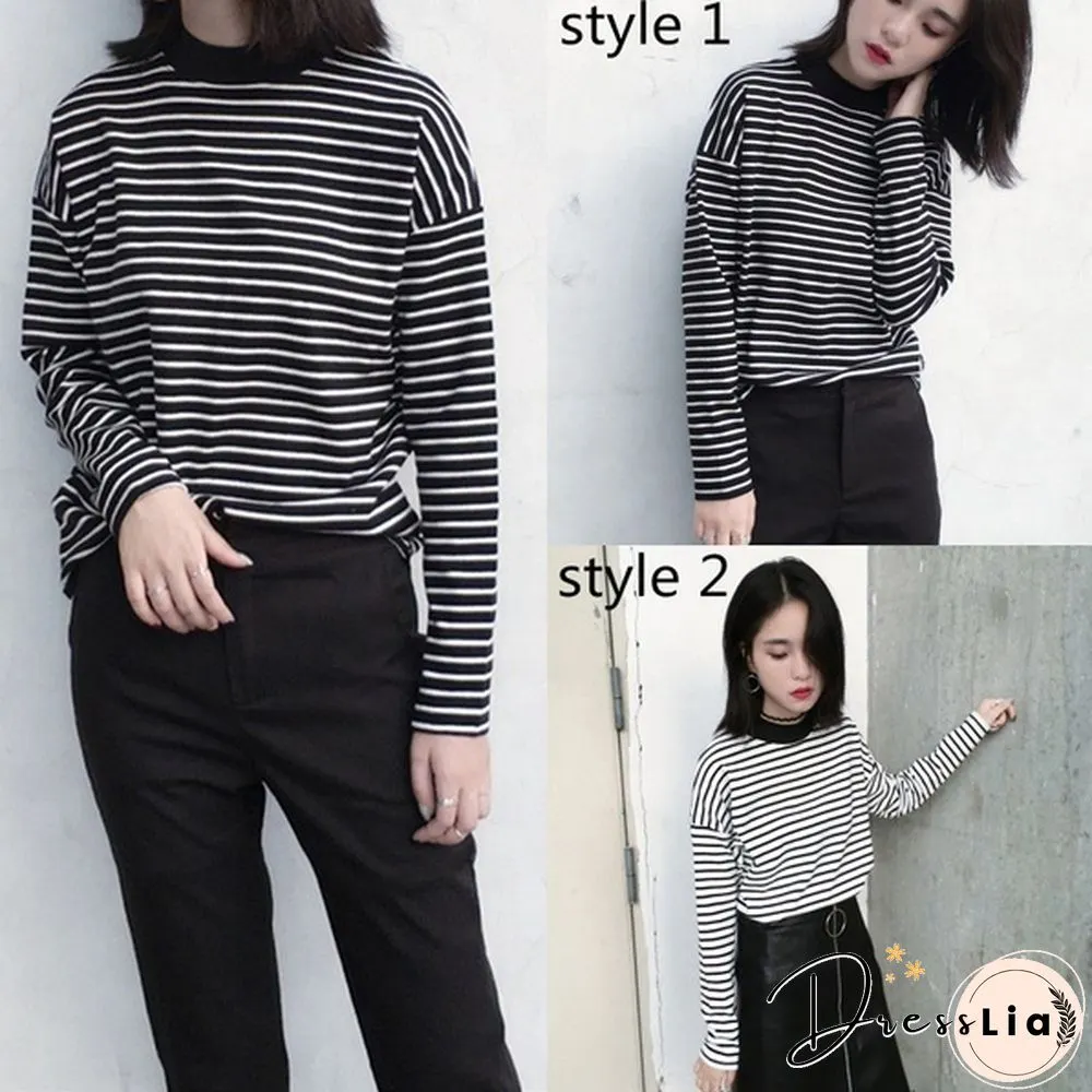Women Turtleneck Korean Style Crop Top Long Sleeve Striped Tops Female Shirt Casual Harajuku Tops