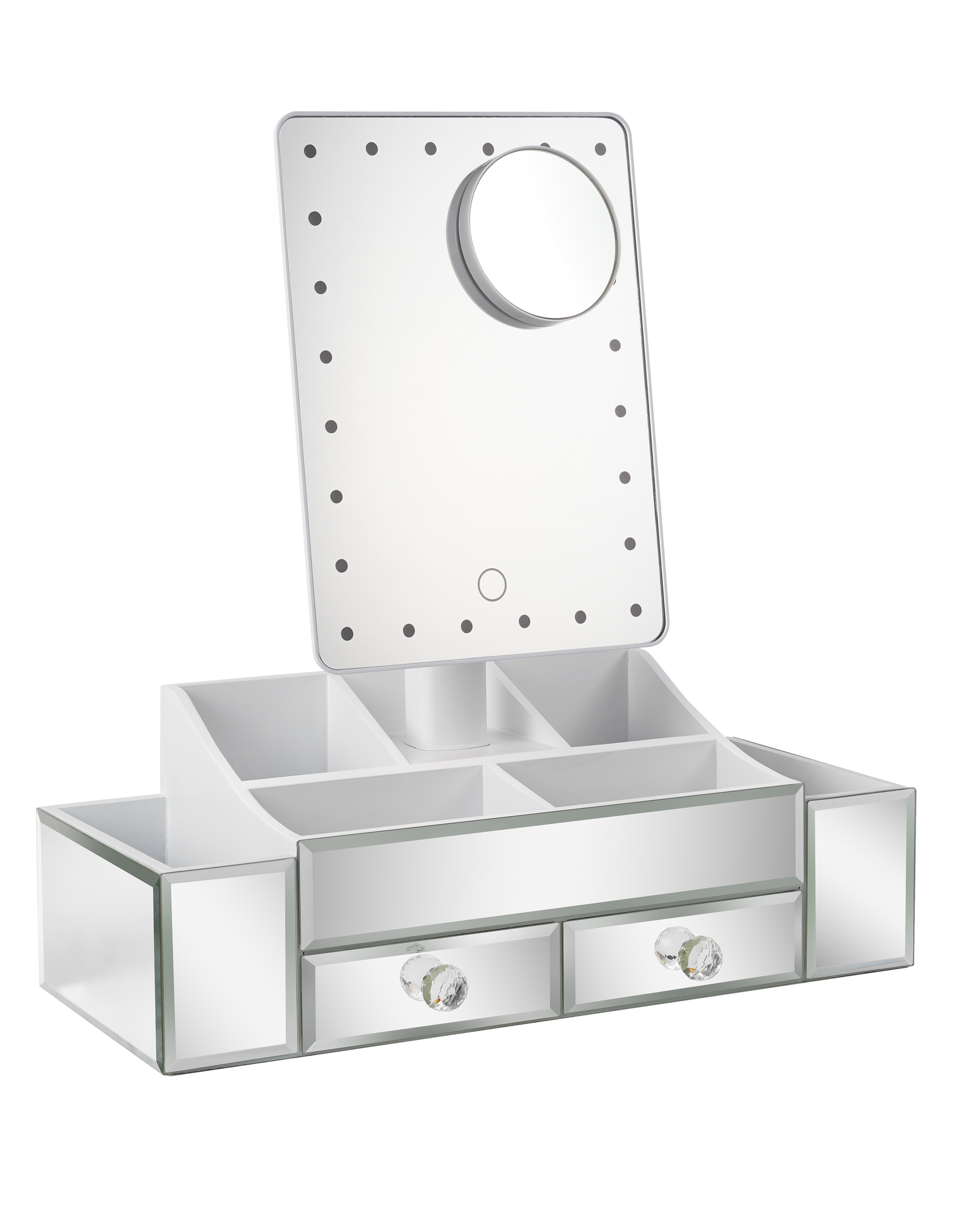 Star Vision 3-in-1 Lighted Makeup Mirror with Large Makeup Organizer & 2 Jewelry Drawers, Dimmable 6,000K Cool White Light, Luxury Crystal Diamond Effect Surface, Includes a 10X Magnification Mirror