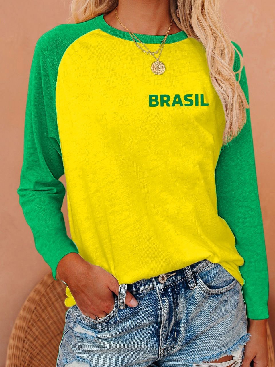 Women's Brazil National Football Team Print Weihua Casual Long Sleeve T-Shirt