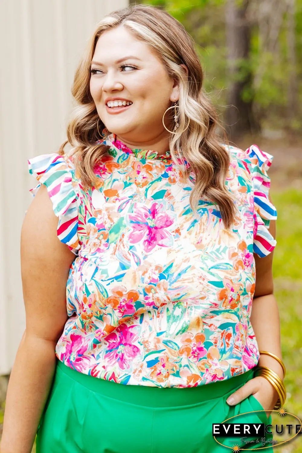 Multicolor Plus Sizie Striped Ruffle Sleeve Floral Blouse