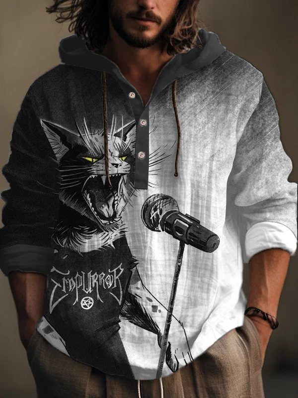Men's Contrast Color Punk Cat Singing Print Hooded Shirt
