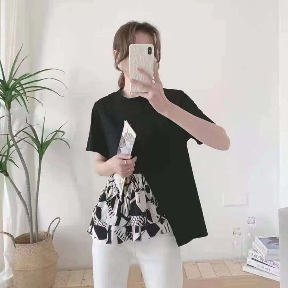 Loose Stitching Doll Round Neck Pullover Elegant Chic T-shirt