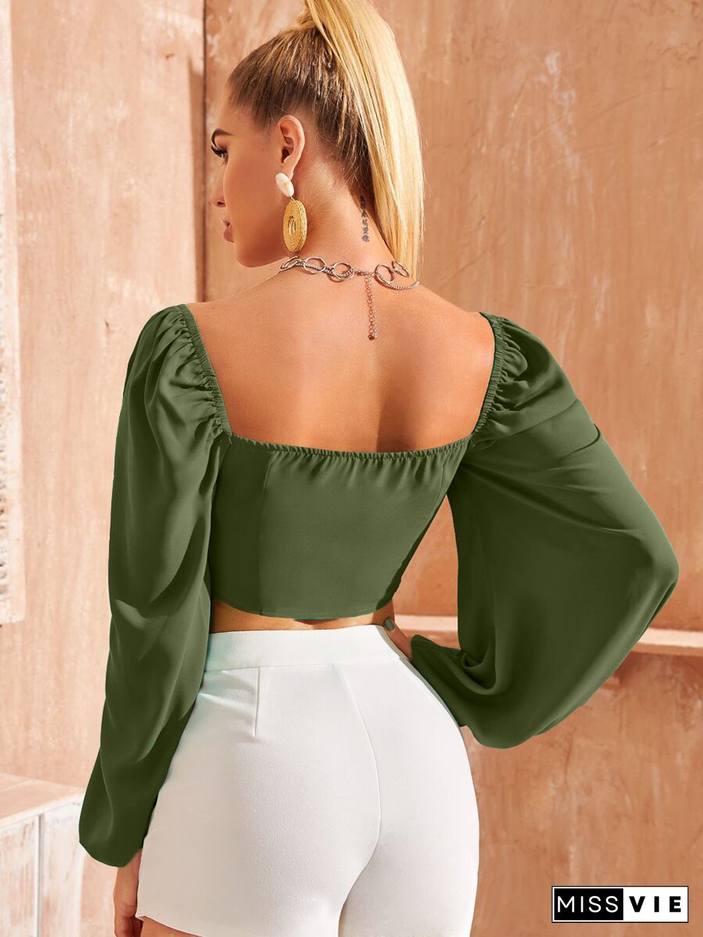 Solid Puff Long Sleeve Lace Up Shirts Crop Tops