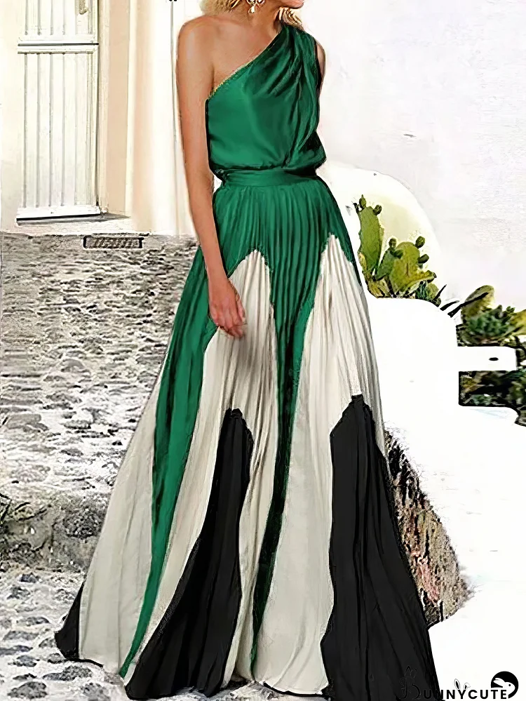 Elegant One Shoulder Colorblock A Line Prom Dress