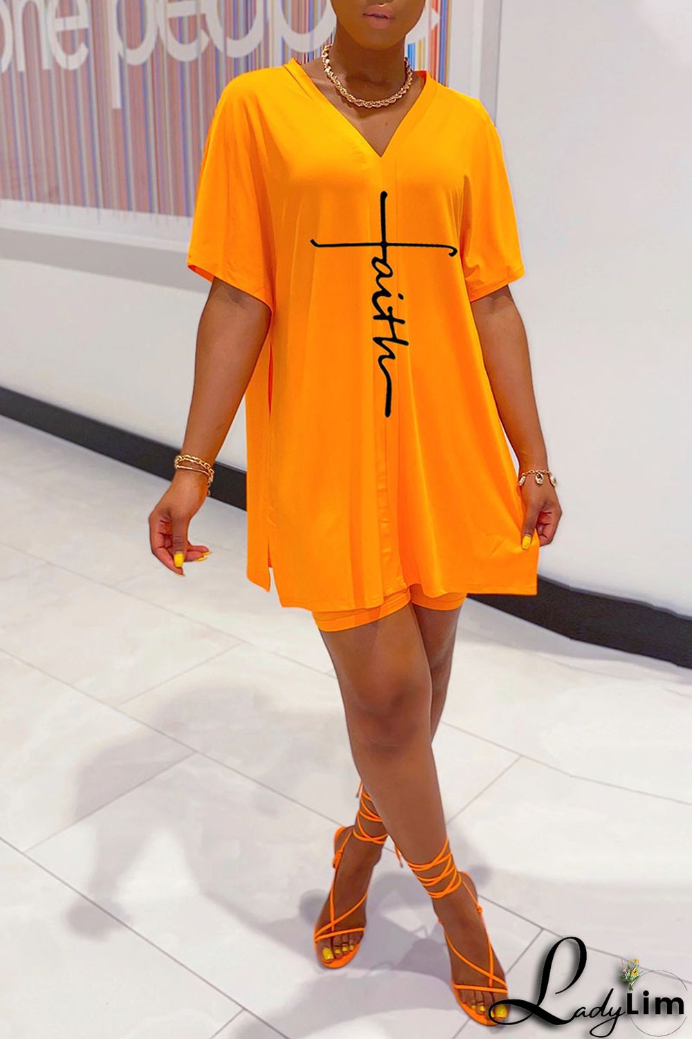 Tangerine Red Casual Print Split Joint V Neck Short Sleeve Two Pieces