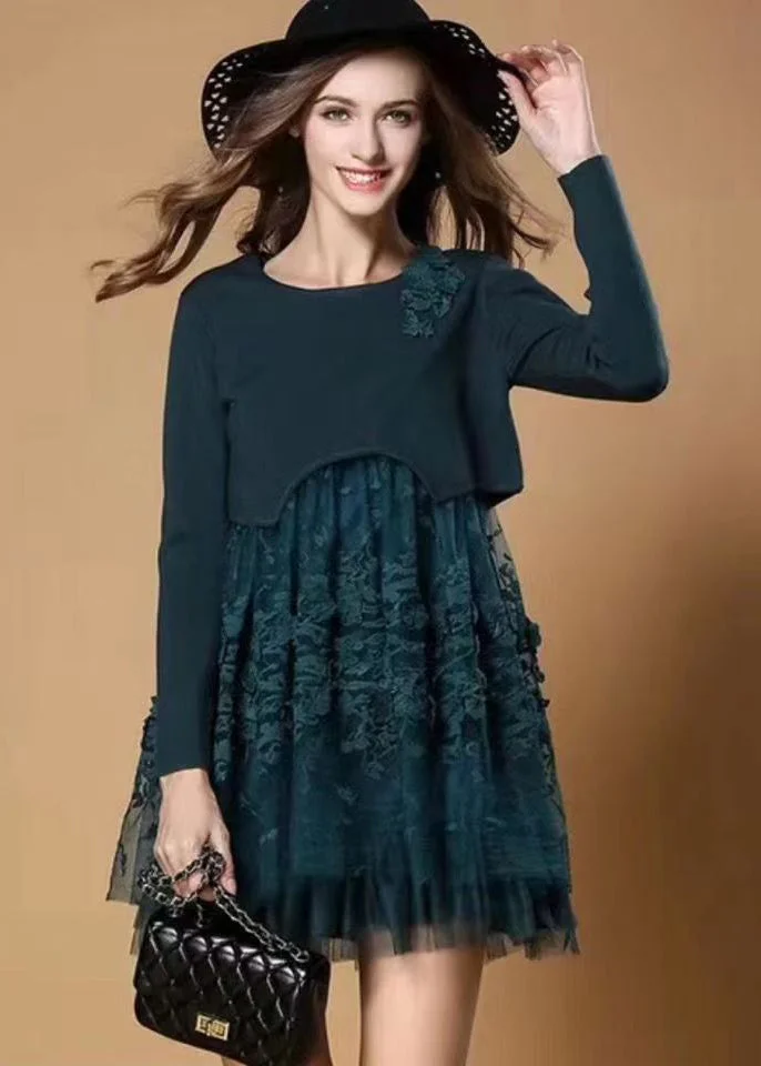 French Blackish Green Embroideried Patchwork Tulle Dress Fall