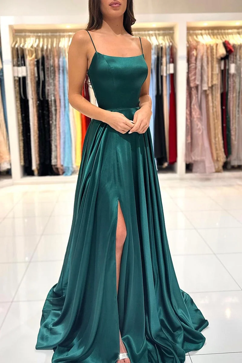 Lussooy Green Split Simple Long Prom Formal Dress A Line 