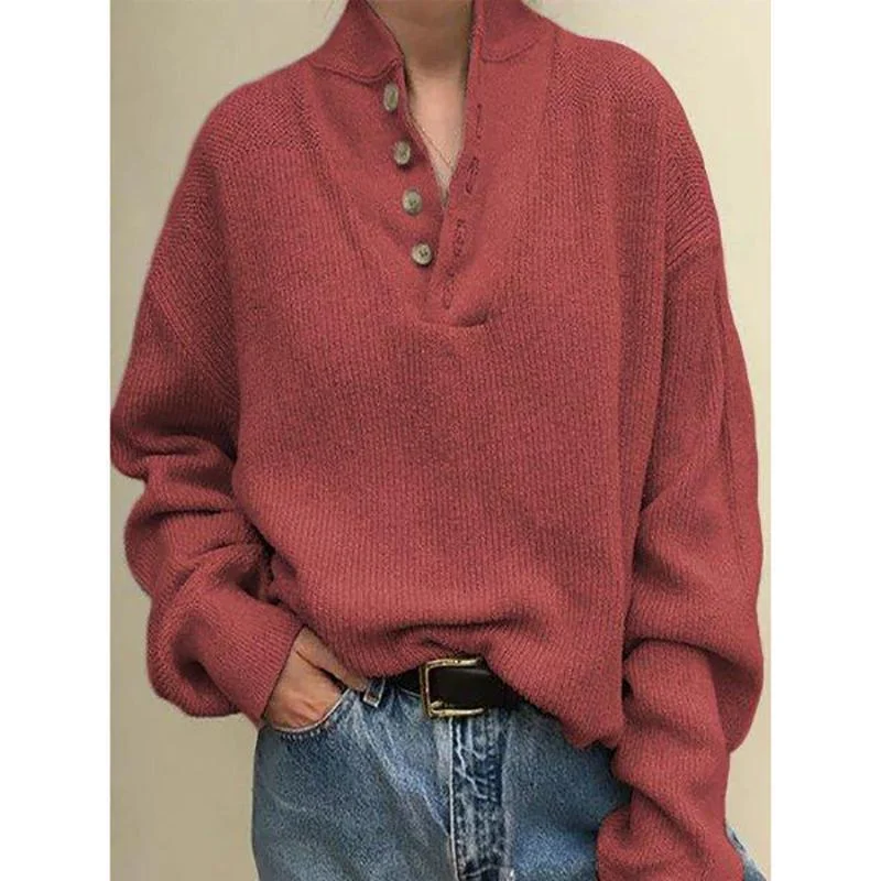 Long Sleeve V-Neck Buttoned Sweater | EGEMISS