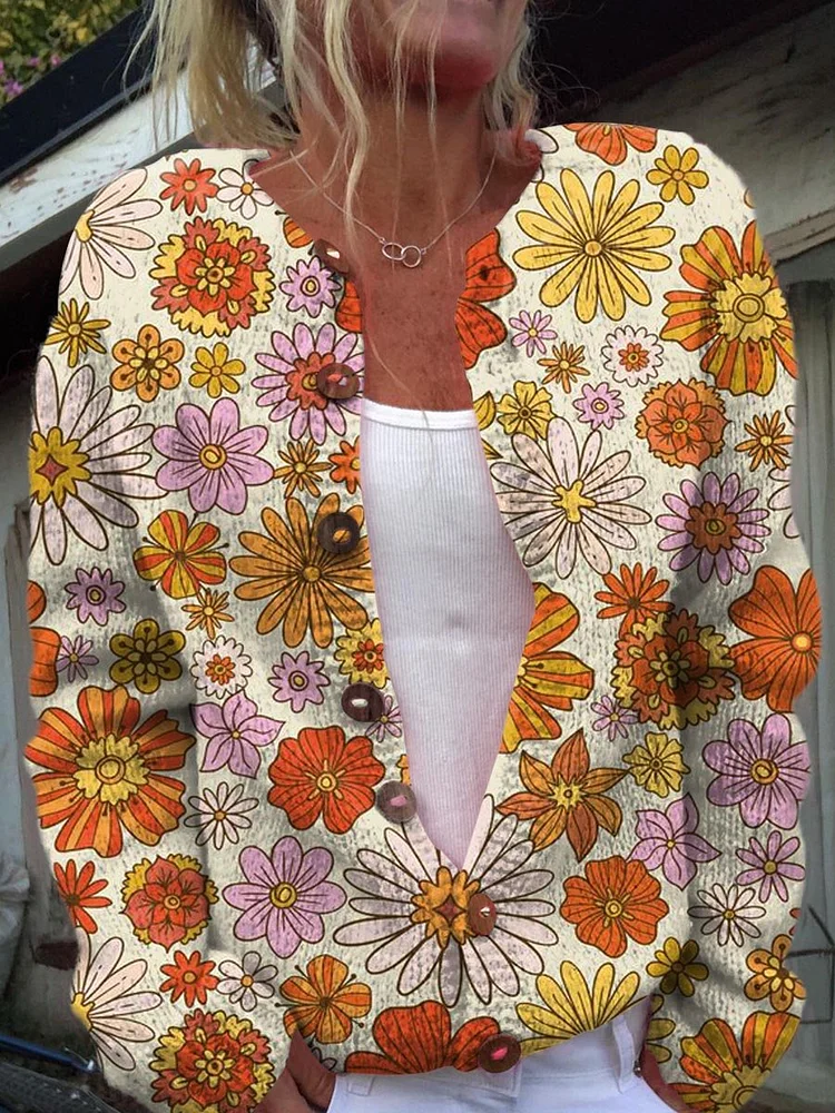 Women's Lovely Floral Art Print Buttoned Cardigan Sweater
