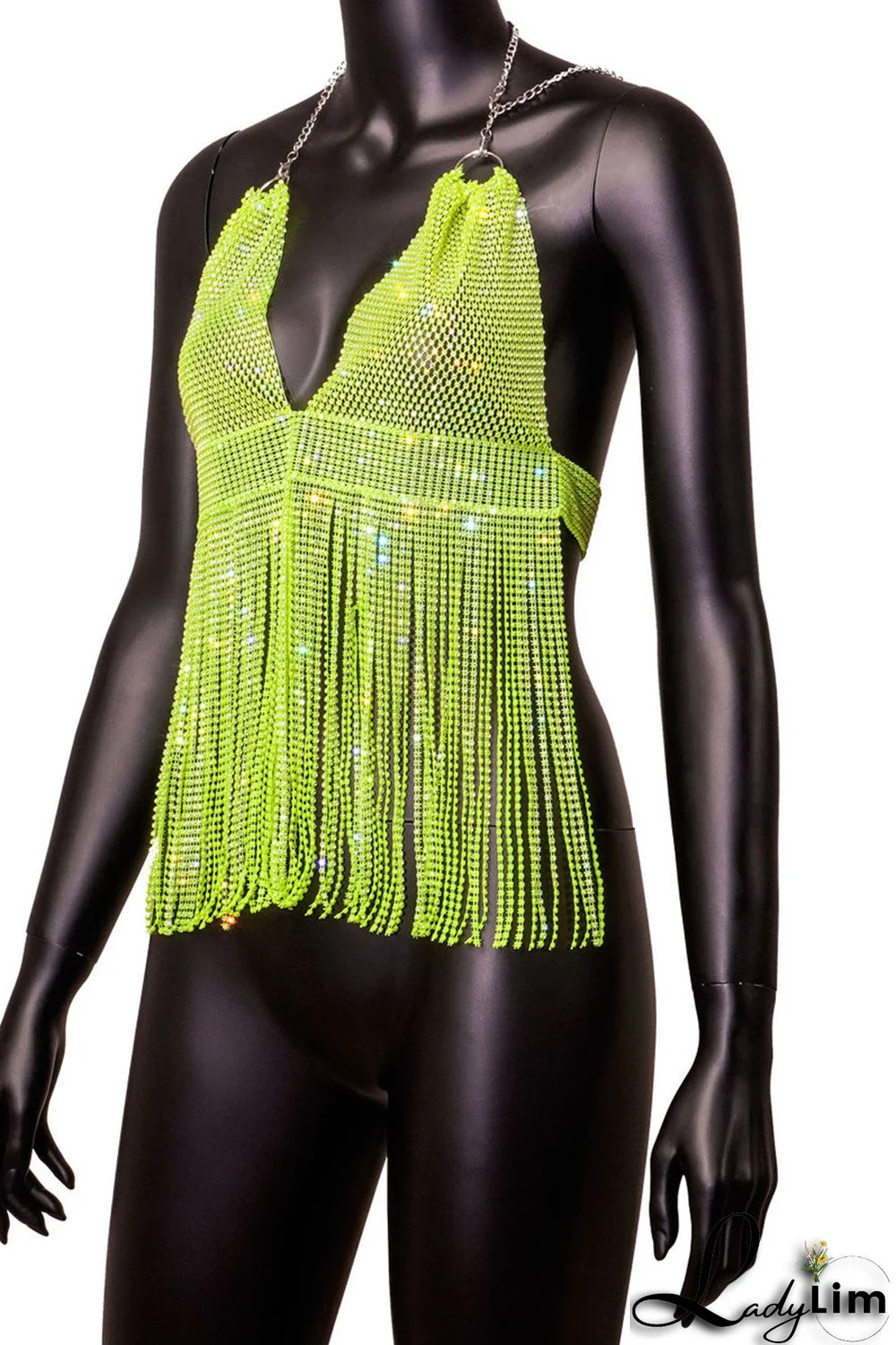 Pink Fashion Sexy Patchwork Tassel Backless Halter Tops