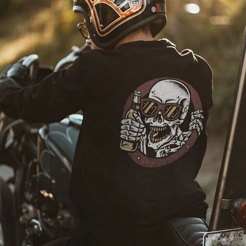 Ecstatic Over Beer Skull Sunglasses Casual Graphic Black Print Sweatshirt